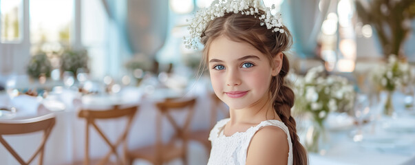 Obraz premium Beautiful young girl in white dress in restaurant celebrating her First Holy Communion. Banner with copyspace. Shallow depth of field.