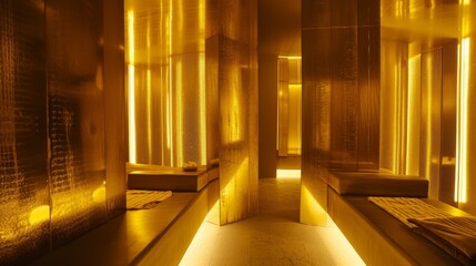 A tranquil spa hallway bathed in warm golden light, with smooth reflective surfaces and soft mats for a serene atmosphere