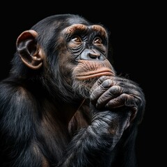 Naklejka premium Thoughtful Chimpanzee on Black Background