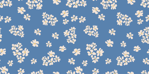 Camomiles white flowers seamless pattern ,hand drawn vector blue background, fabric, wallpaper, paper, textile - 763981528