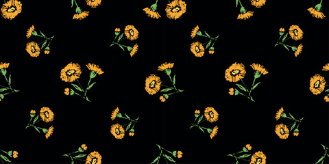 Daisy orange flowers spring textured sketches seamless pattern, floral vector black background, fabric, paper, textile - 763981567