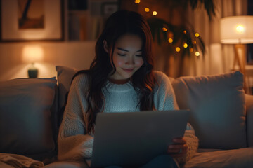 Asian woman sitting on the sofa in the living room, concentrating on the laptop screen in her hands at night