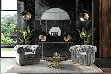 A black wall with two grey armchairs in front of it. One golden mirror with a white table in the middle. A modern and minimalist scandinavian interior of a living room. Big windows and a carpet.