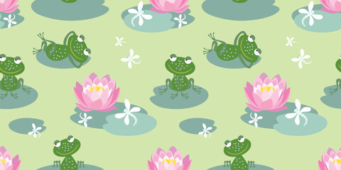 Frogs cartoon cheerful funny, flying dragonflies on green blooming pond, pink water lilies, seamless pattern, vector background,wallpaper,paper - 763981730