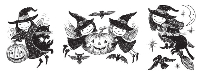 Halloween witches elves girls pumpkin black cat hat crow owl bat flying broom, cartoon characters, vector hand drawings isolated on white