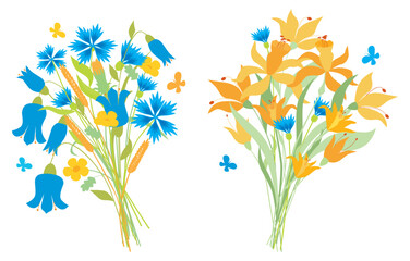 Bouquets narcissus cornflowers bluebells wildflowers blue yellow, butterflies summer vector illustration isolated on white - 763981737