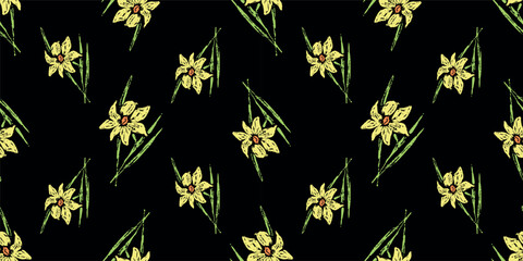 Narcissus yellow flowers delicate spring textured sketches seamless pattern, floral vector black background, fabric, paper, textile - 763981783