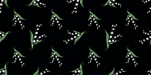 Lily of the valley flowers spring textured sketches seamless pattern, floral vector black background, fabric, paper, textile - 763981788