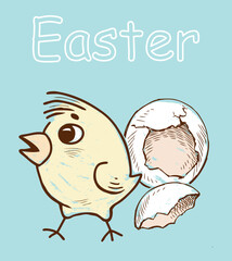 Newborn hatched Easter chick, egg, greeting card, hand drawn vector illustration - 763981792