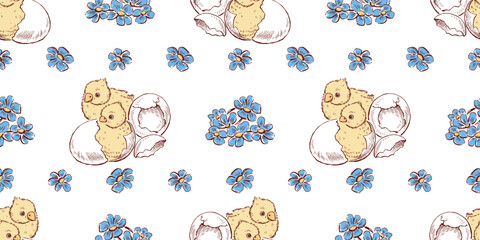 Seamless pattern of newborn hatched Easter chicks,blue delicate violets flowers,hand drawn vector background wallpaper paper textile - 763981907