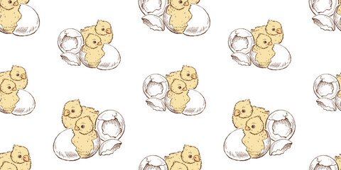Seamless pattern of newborn hatched Easter chicks, hand drawn vector background wallpaper paper textile - 763981912