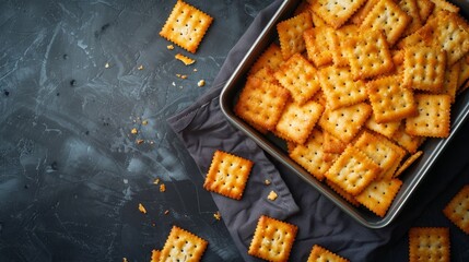a tray of crackers on a black surface