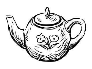 Teapot porcelain sketch doodle,single, hand drawn vector illustration isolated on white