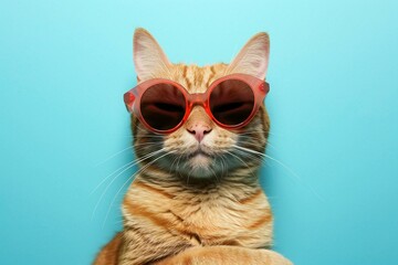 Funny cat wearing red sunglasses on blue background, closeup view