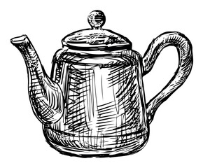 Teapot retro style ceramic sketch single, vector hand drawing isolated on white - 763981970