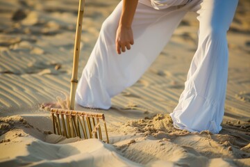 person in yoga clothes raking sand with bamboo rake