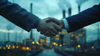 Handshake at Power Plant: Business Deal Background - obrazy, fototapety, plakaty