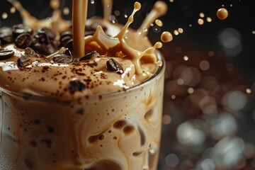 Iced coffee splashing into a glass with cream and coffee beans