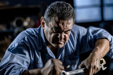 mechanic with wrench, leaning forward, scowling