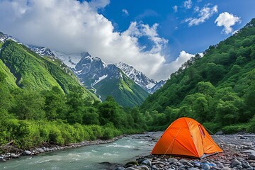 Camping on the banks of the mountain river in the Caucasus mountains - obrazy, fototapety, plakaty