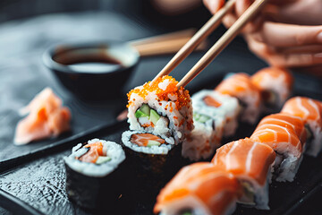 A person eating sushi with chopsticks. Seafood. Closeup macro shot. - obrazy, fototapety, plakaty