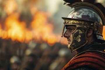Roman soldier with helmet, battlefield in the background on fire. - obrazy, fototapety, plakaty