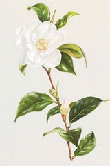 Detailed premium elegant  colored pencil of white camellia flower  , botanical painting on plain background,  Artwork for wall art illustration and wallpaper, poster art 