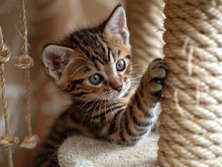Naklejka na ściany i meble Bengal Kitten Playing on Cat Tree in Home Interior