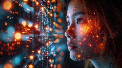 Woman Interacts With Advanced Digital Interface at Night