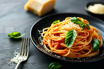 Fotobehang A plate of spaghetti with tomato sauce and basil. A fork on the plate. The plate is sitting on a black table. © abvbakarrr