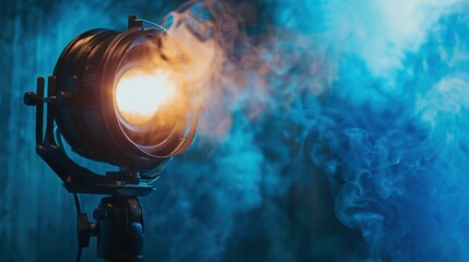 Cinema spotlight with smoke blue neon light, professional cinema light, cinema and entertainment concept. - obrazy, fototapety, plakaty