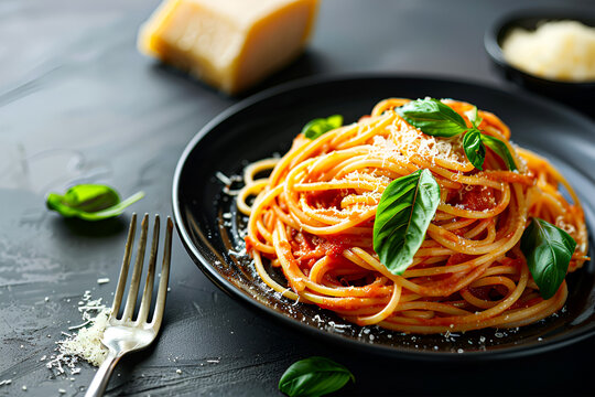 A plate of spaghetti with tomato sauce and basil. A fork on the plate. The plate is sitting on a black table.