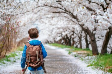 boy with a backpack exploring a path lined with cherry blossoms