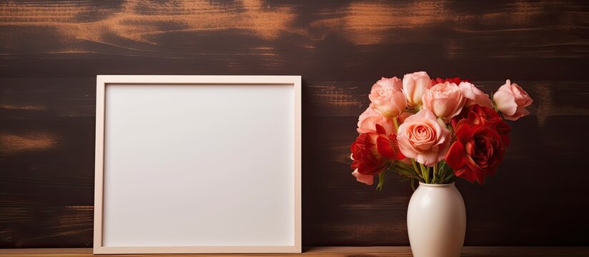 There is a picture frame placed next to a vase filled with colorful fresh flowers on a rustic wooden table