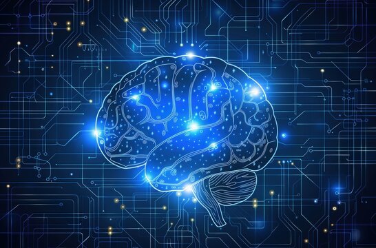 Digital brain on glowing circuit board, concept of artificial intelligence and technology.