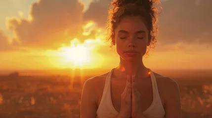 Fototapeten Woman in Yoga Pose at Sunset Meditation © Custom Media