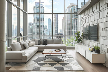 A modern interior living room with large windows and a city skyline in the background. A white marble stone apartment illustration concept
