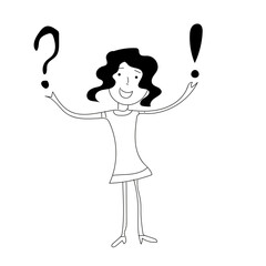 Vector drawing in doodle style in the form of exclamation and question marks in the hands of a girl