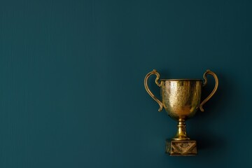 Fototapeta na wymiar Golden trophy on dark blue background, sports, business and competition concept.