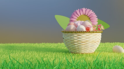 easter eggs in a basket with pumpkin and sunflower on green grass field blurred background 3D rendering