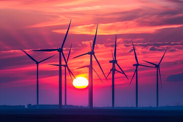 Wind turbines in the sunset. Cloudy sky.