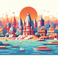 A flat vector skyline illustration of Varanasi city in India. Beautiful colourful illustration - obrazy, fototapety, plakaty