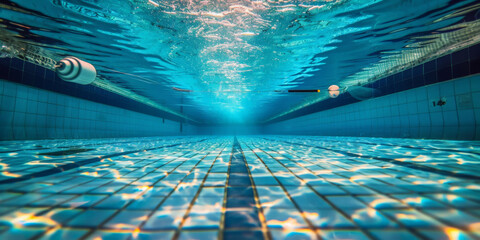 An underwater view of an Olympic swimming pool with a slanted line in the water, - obrazy, fototapety, plakaty