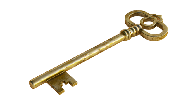 golden key isolated on transparent background, PNG Cutout