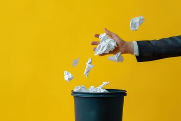 Businessman hand throwing crumpled paper into trash can. - obrazy, fototapety, plakaty