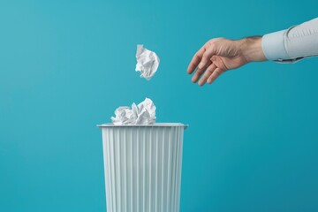 Businessman hand throwing crumpled paper into trash can.