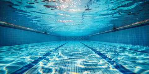 An underwater view of an Olympic swimming pool with a slanted line in the water,