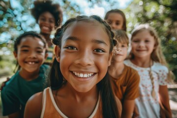 Fototapeta premium Happy multiethnic children at school together, children's day concept.
