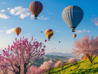 hot air balloons flying over a hill