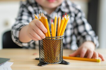 preschooler organizing pencils in a desk holder